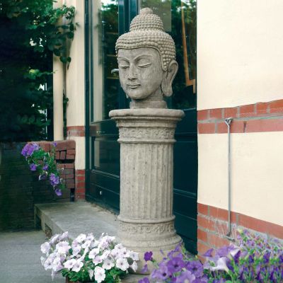 Stone Buddha Head Statue on Plinth - Large Garden Sculpture