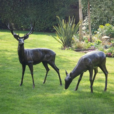 Wild Stag & Doe Life-Size Bronze Garden Statues
