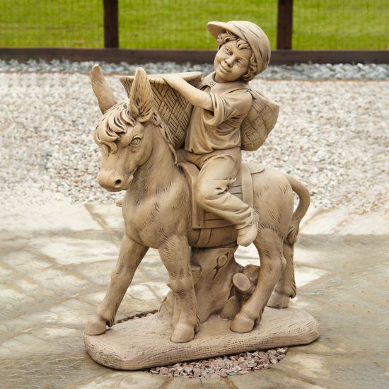 Boy & Donkey Stone Garden Statue