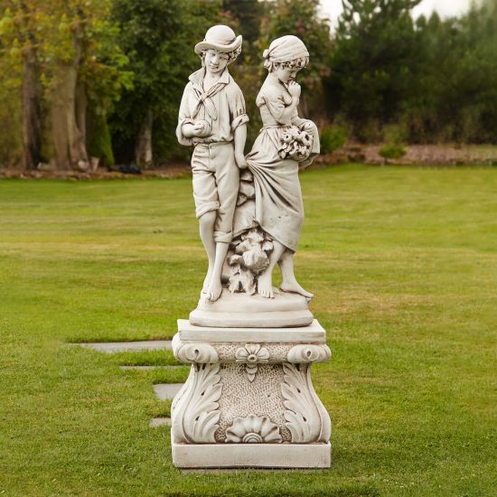 Young Affection Stone Garden Statue on Pedestal