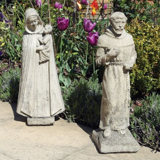 Madonna and Friar Monk Stone Garden Statues